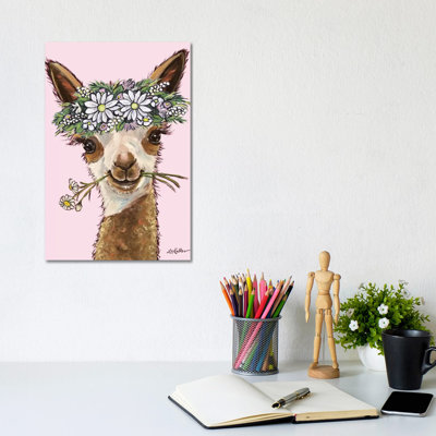 Rosie The Alpaca With Daisieson Pink by Hippie Hound Studios - Wrapped Canvas Print
