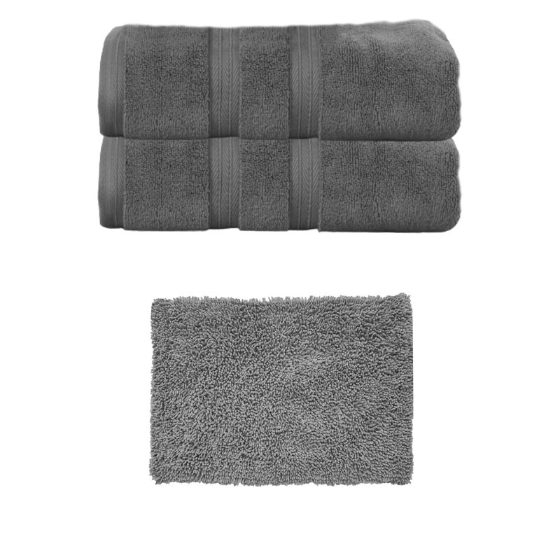 Bruno Collection 100% Soft Cotton Towel Set & 17x24" Bath Rug, Dark Gray, 3 Piece Towel Set