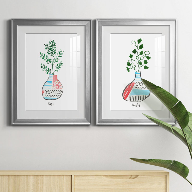 Herb Garden Persil - ensemble de 2 reproductions d'art, H 22,5 po x l 61 po x P 1,5 po, Papier avec cadre argenté, Blanc