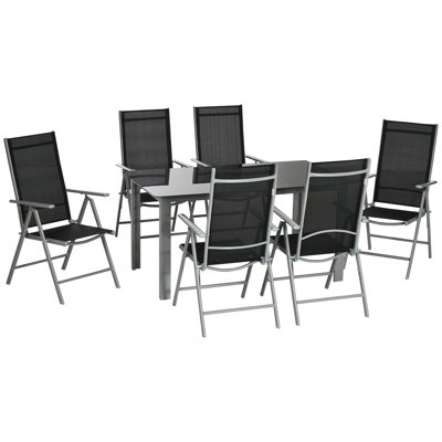 Western 7 Piece Garden Dining Set with 6 Folding Reclining Chairs Black