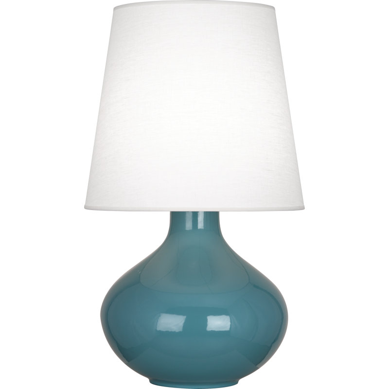 June Ceramic Table Lamp, Oyster Linen, Steel Blue
