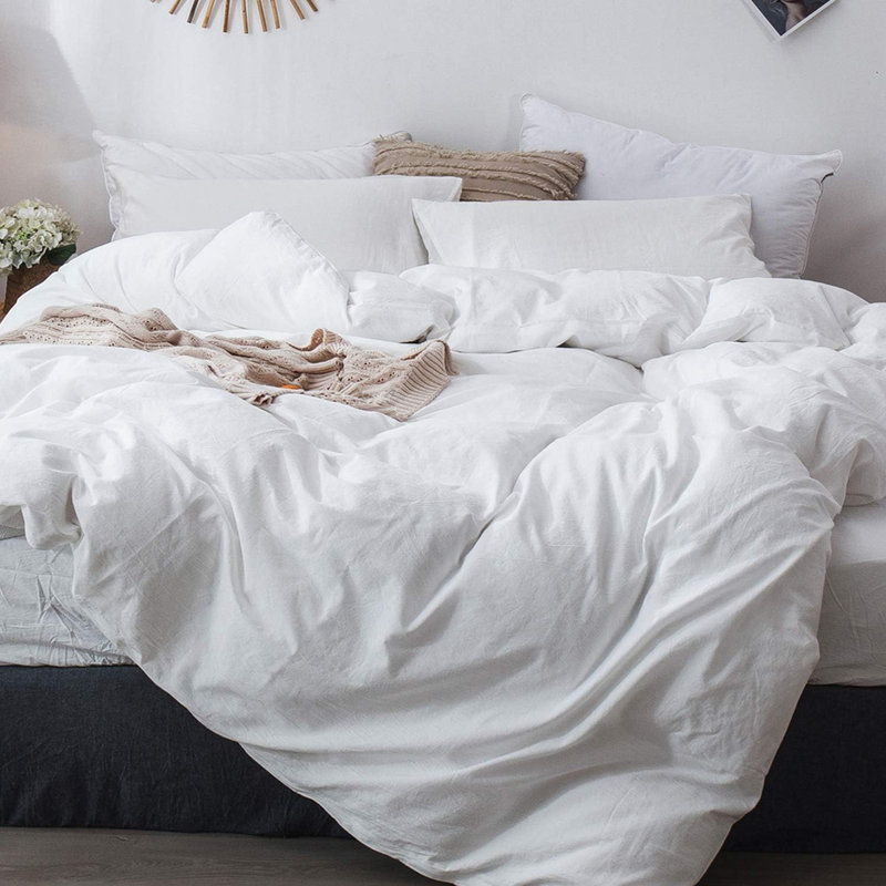 MooMee Lightweight Duvet Cover Set with Zipper Closure 8 Ties 100% Washed Cotton Linen Like Textured Soft Breathable All-Season