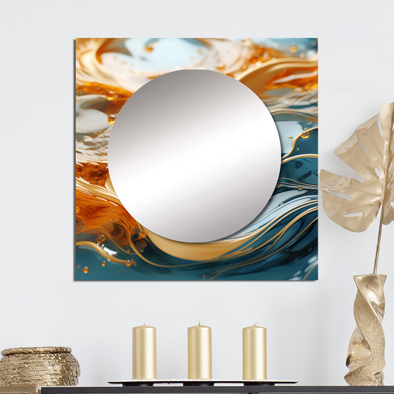 «Bold Gold Elegant Wave On Blue», formes abstraites, miroir carré, art mural pour salle de bain, 36 po x 36 po