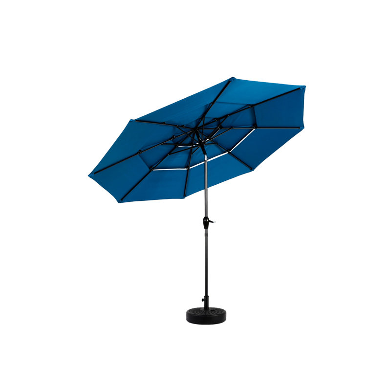 Parasol en aluminium à 3 niveaux pour terrasse de piscine - Auvent bleu foncé, robuste et pour l'extérieur dans un patio robuste, une terrasse, une table de marché