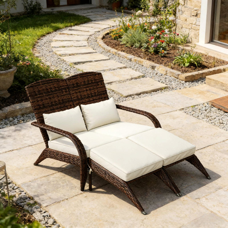Chaise longue d'extérieur avec dossier haut, Blanc, crème, Mélange de bruns