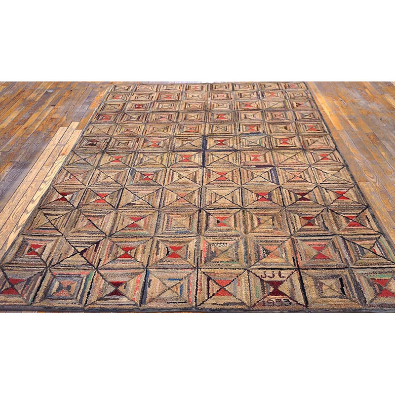 Antique Geometric Pattern American Hooked Area Rug