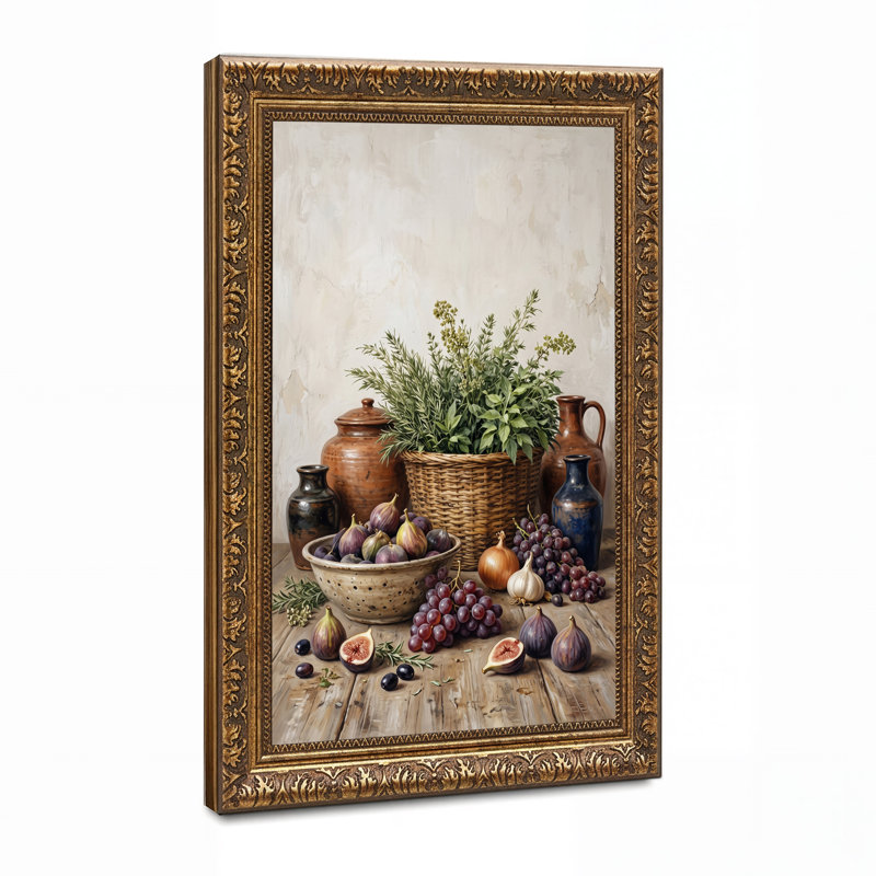 Tableau sur toile représentant des figues violettes et des raisins avec des herbes vertes sur une table en bois