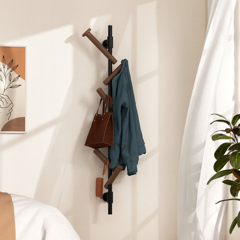 Portemanteau vertical vertical mural avec crochets réglables en bois massif