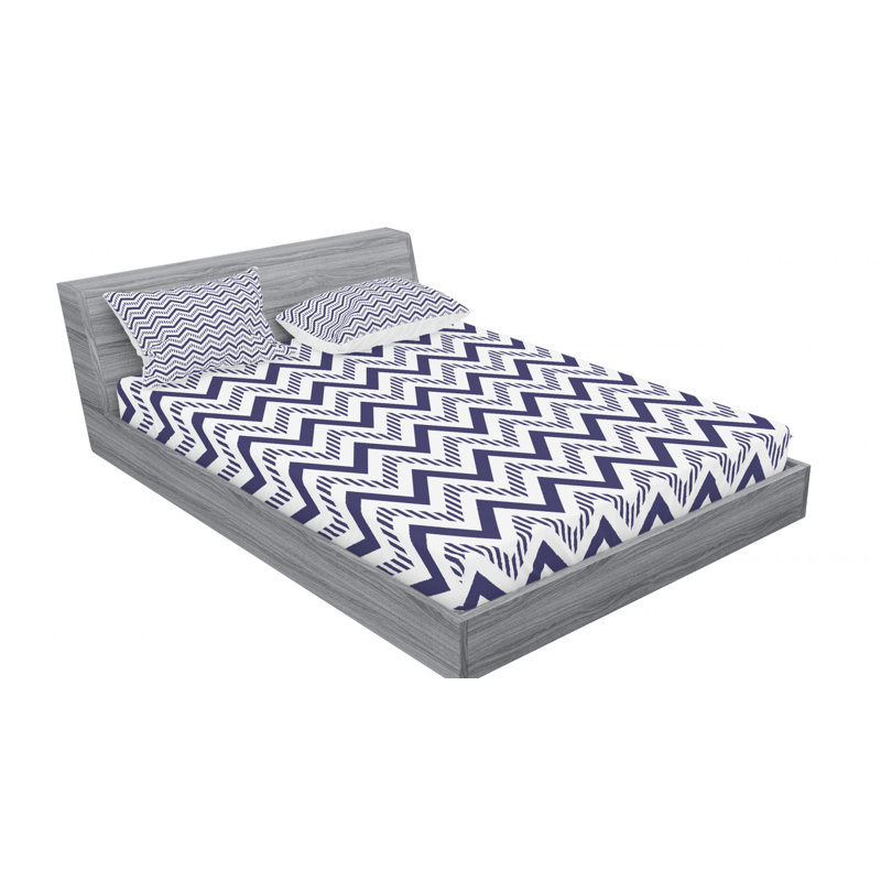 White and Navy Blue Chevron Microfiber Full Sheet Set