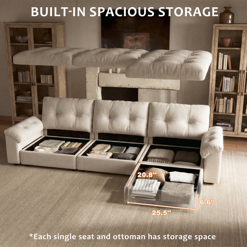 133" Modular Sectional Cloud Sofa With Deep Seat Couch,lattice Decored Design, Beige Chenille, 38.85" H x 133" W x 56" D