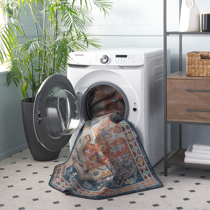 Tucson Vintage Look Machine Washable Non-Slip Area Rug in Rust & Blue, Square 183 cm