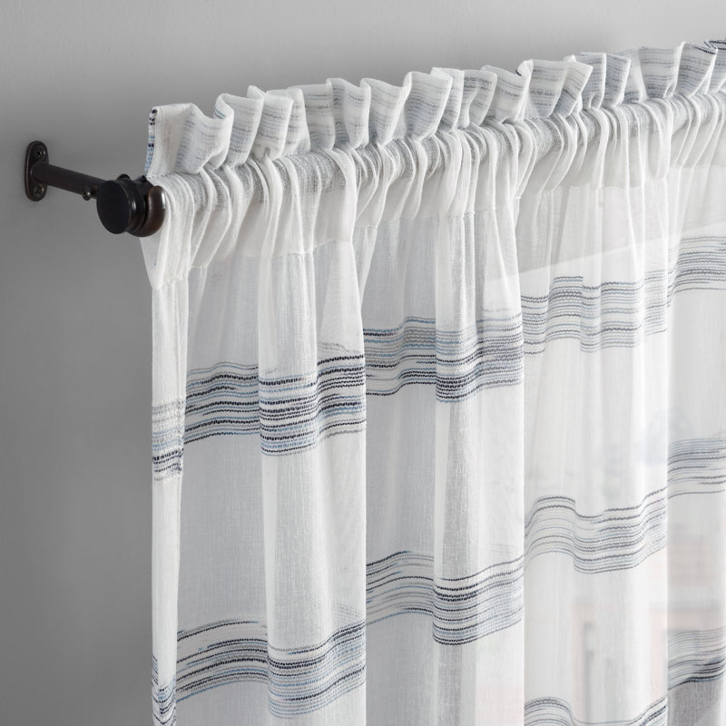 Blaurock Striped Polyester Semi-Sheer Single Curtain Panel, 52"W x 95"L, Indigo