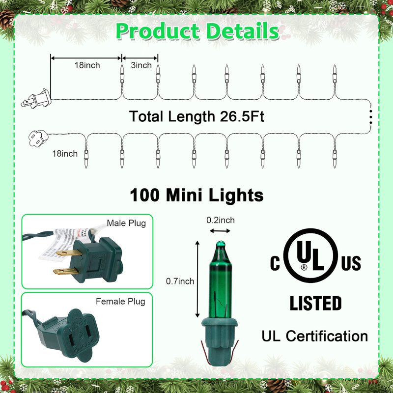 Guirlande de Noël 200 ampoules (2x100), fil vert 53 pi | Arbre de Noël intérieur / extérieur et lumières de brousse pour la décoration des Fêtes