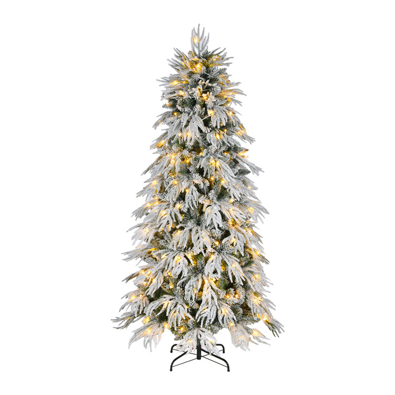 Arbre de Noël mince enneigé 8 pi avec 950 pointes en PE et PVC de qualité supérieure, lumières à DEL blanc chaud de 350 pi