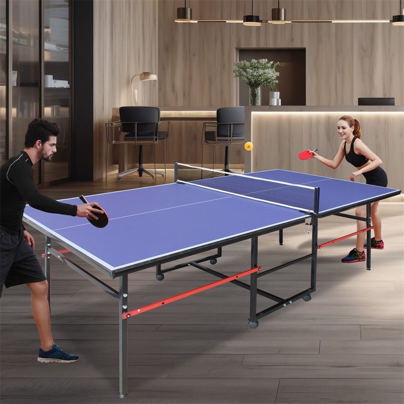 8Ft Blue Mid-Size Table Tennis Table Foldable & Portable Ping Pong Table Set For Indoor Games With Net, Blue