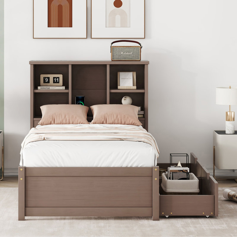 Cadre de lit simple moderne avec port USB intégré sur la tête de lit et 2 tiroirs couleur noyer, Noyer