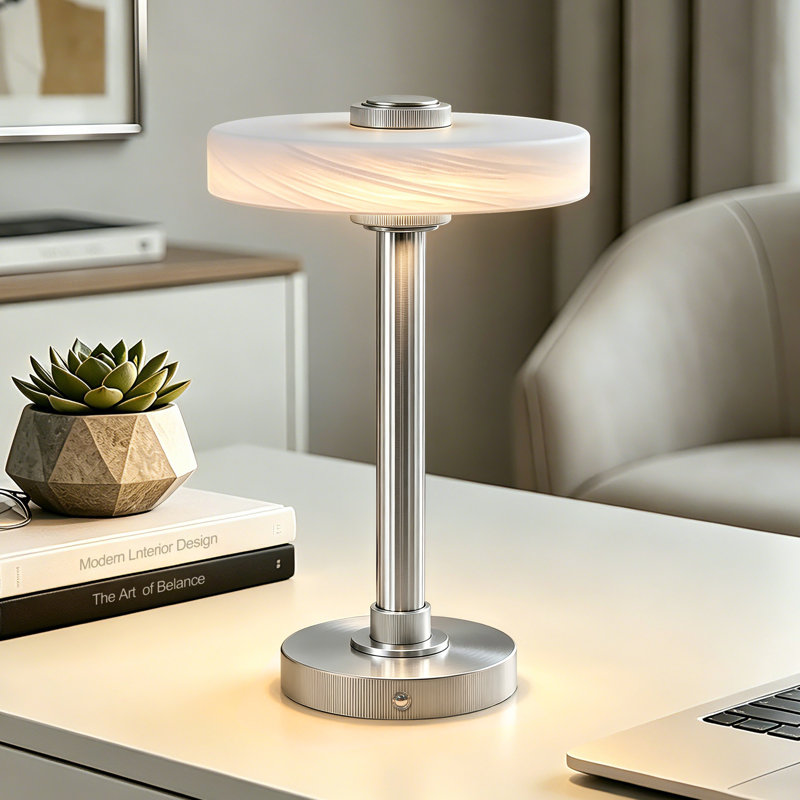 12" Modern Metal LED Rechargeable Table Lamp with Touch Dimmable Light, Polished Nickel