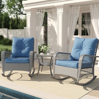 3-Piece Outdoor Wicker Rocking Chair Set With Thickened Cushions, Waterproof Covers & Tempered Glass Table