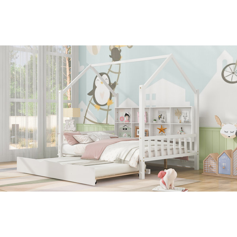 Lit simple blanc en bois avec lit gigogne, tablette pour objets de collection, toit et lit gigogne d'apparence magique, coffre-fort pour dormir confortablement