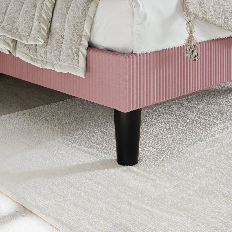 Lit plateforme en velours côtelé avec tête de lit à oreilles et lattes en bois, aucun sommier tapissier requis, Très grand