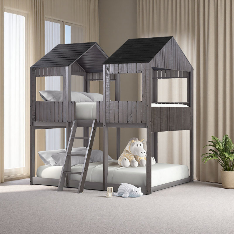 Full Over Full Woodbunk Bed With Roof, Window, Guardrail, Ladder, Antique Gray