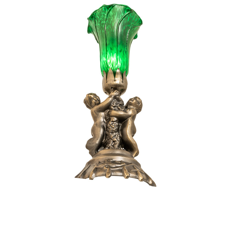 13" High Green Tiffany Pond Lily Twin Cherub Accent Lamp