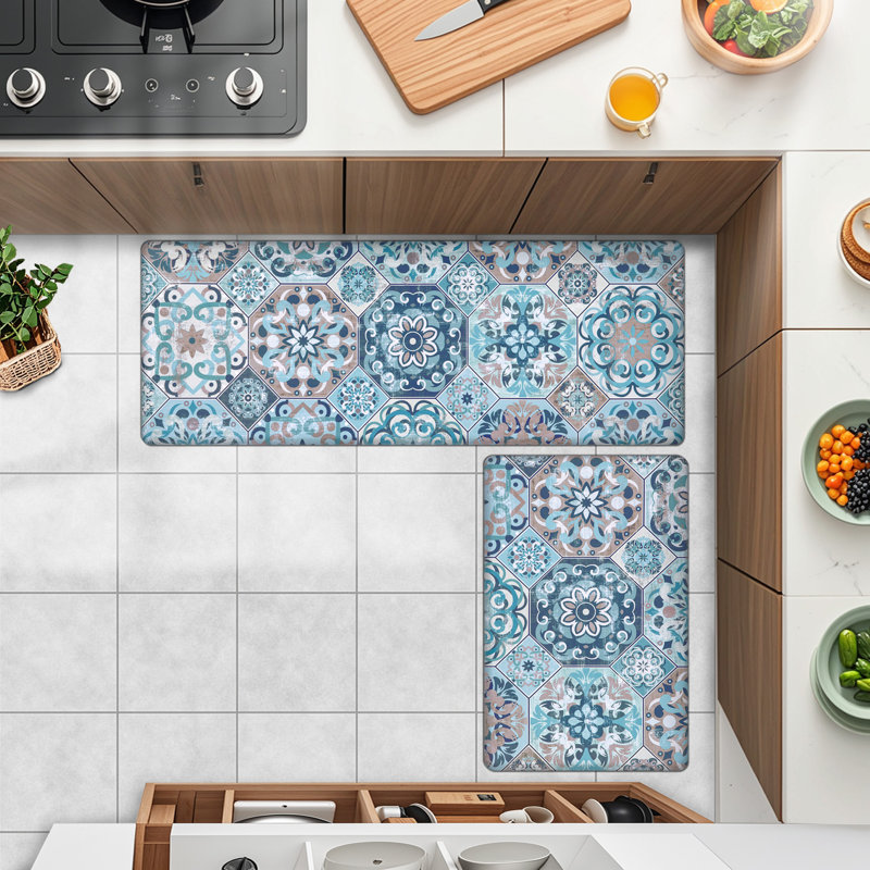 Ensemble de 2 tapis de cuisine Alishia, Bleu / bleu sarcelle, Tapis de couloir 18 po x 30 po + 18 po x 48 po