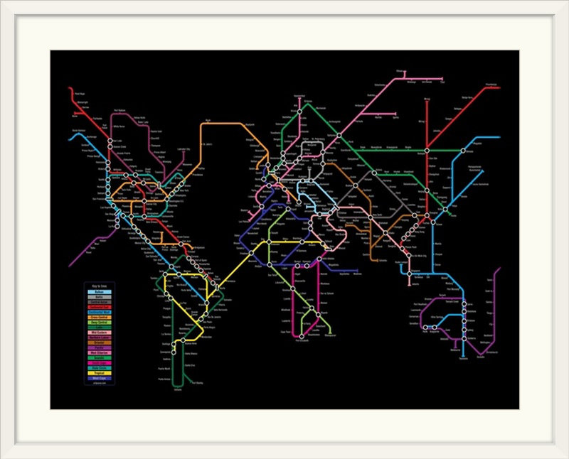 «World Metro Map» par Bellen, impression, H 35 po x l 44 po x P 1 po, Cadre blanc