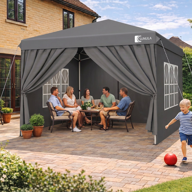 Tente pliante Sunula 10x10 pi avec 4 parois latérales, tente extérieure robuste et imperméable pour jardin, camping et événements (Gris)