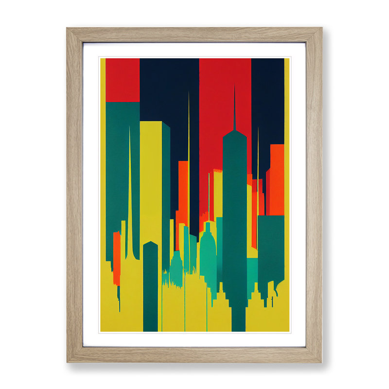 Illuminated City Skyline Abstract - Wall Art, 64cm H x 46cm W x 2cm D, Oak Framed