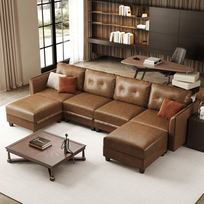 Modular Sectional Sofa With Storage, Modern Brown Faux Leather, Reversible Chaise, U Shaped Couch For Living Room, Waterproof & Easy Clean, Seats With 2 Ottomans