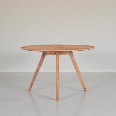 Temi Dining Table | 47" Round Top | Handmade Natural Brown Solid Mango Wood | Angled Four Legged Base