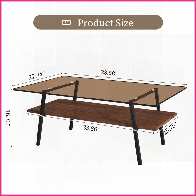 Table basse moderne en verre trempé avec pieds en métal noir - Facile à nettoyer, supportant 220 lb pour le salon, Brun, Noir
