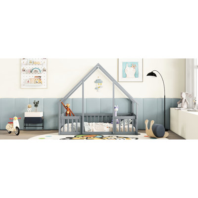 Grey Twin Floor Bed With House-Shaped Frame And Guardrails - A Comfortable Restful Night's Sleep House Fence Crafted From Strong Pine For Durability