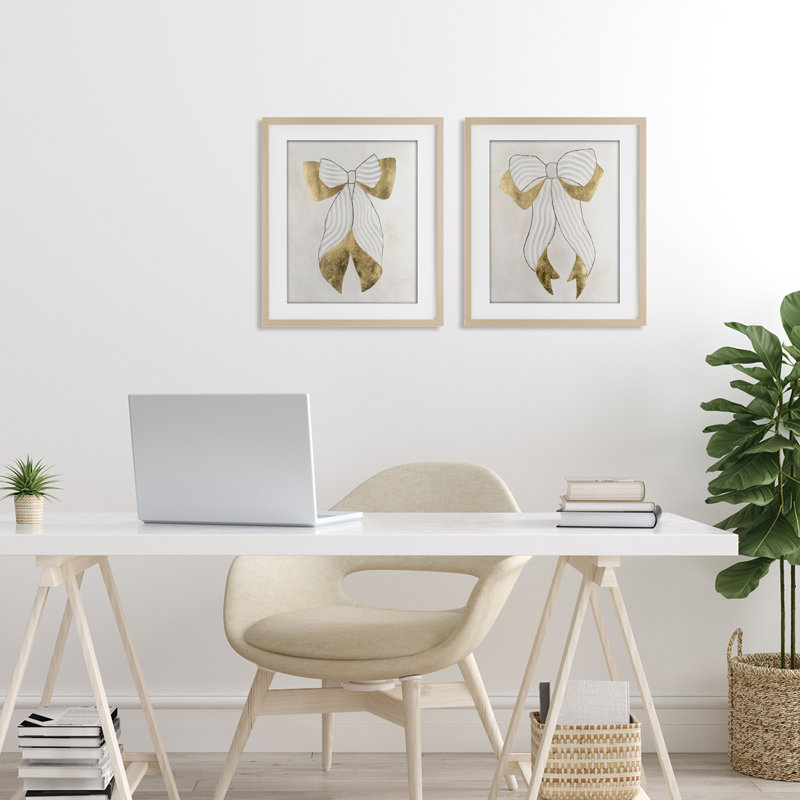 «Neutral Chic Bow», ensemble de 2 impressions encadrées sous verre, design par Vanna Lam, Cadre de récolte en pin