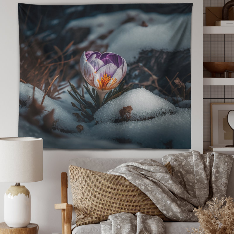 Polyester - tapisserie florissante Crocus en fleurs en hiver III, H 32 po x l 39 po