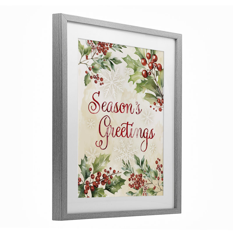 «Season's Greetings», reproduction encadrée sous verre Holly Berries, conception par Nicole DeCamp, Cadre de ferme gris