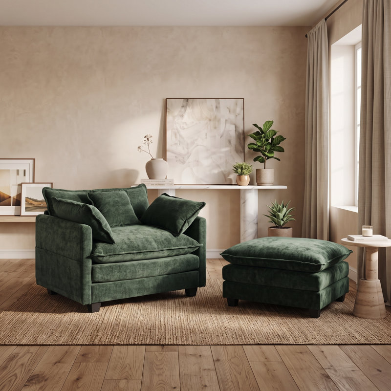 Fauteuil d'appoint surdimensionné en chenille de 102 cm avec repose-pieds, fauteuil lounge à assise profonde, Green Chenille