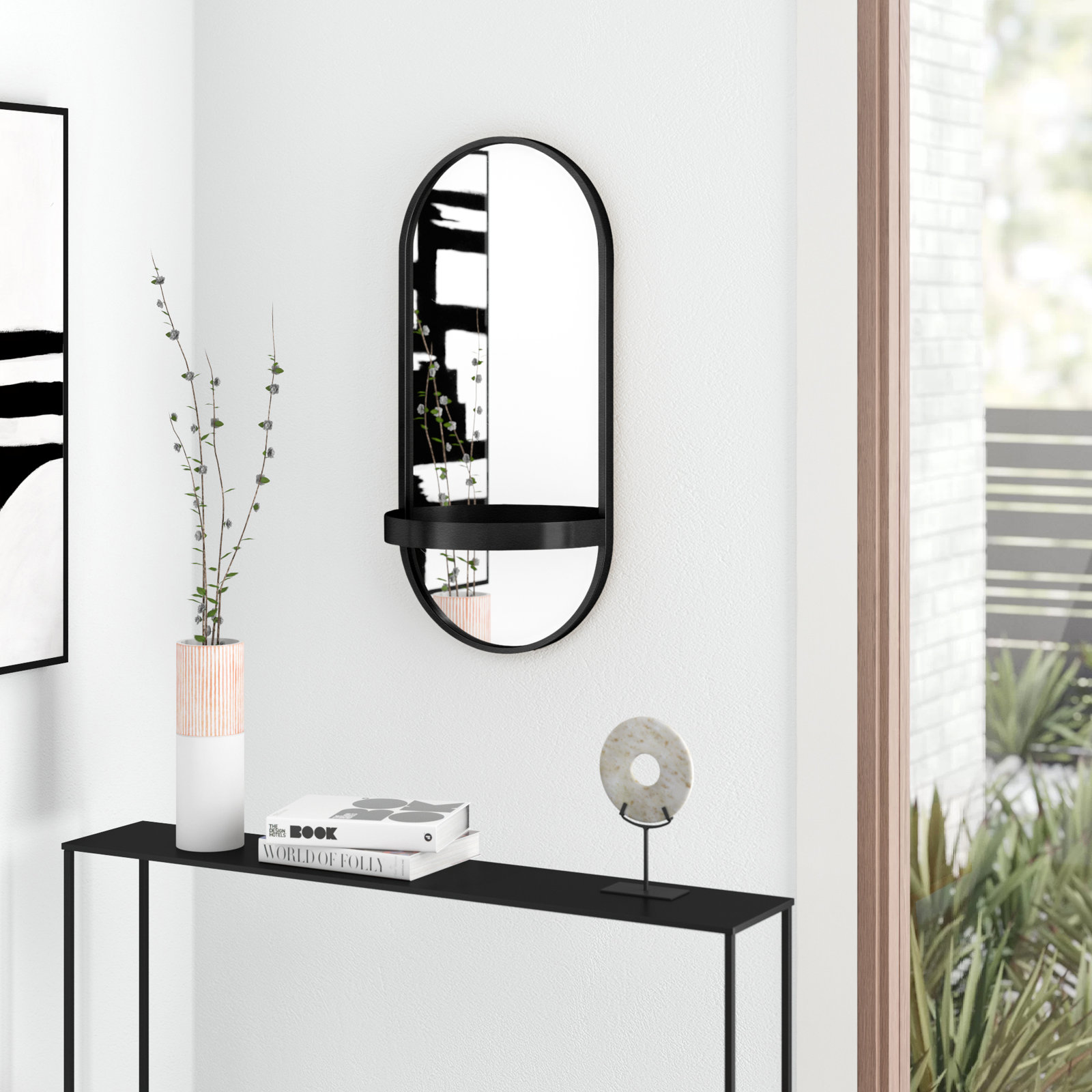 Lumi Metal Flat Mirror with Shelves, Black, 38" H x 16" W