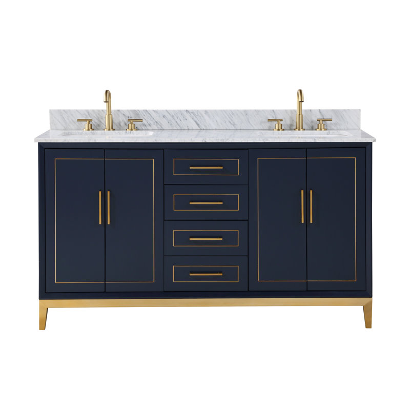 Gracie 60'' Double Bathroom Vanity with Top, Carrara Marble, Pacific Blue