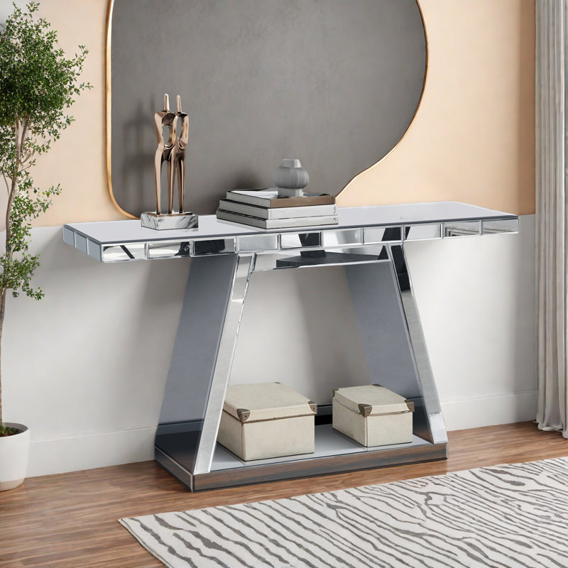 Modern 360° Mirror Reflective Console Table With Trapezoid Base And Scratch-resistant Design 