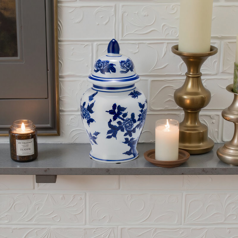 Gherghina Chinoiserie Blue & White Ceramic Lidded Jar, 14" H x 8" W x 8" D