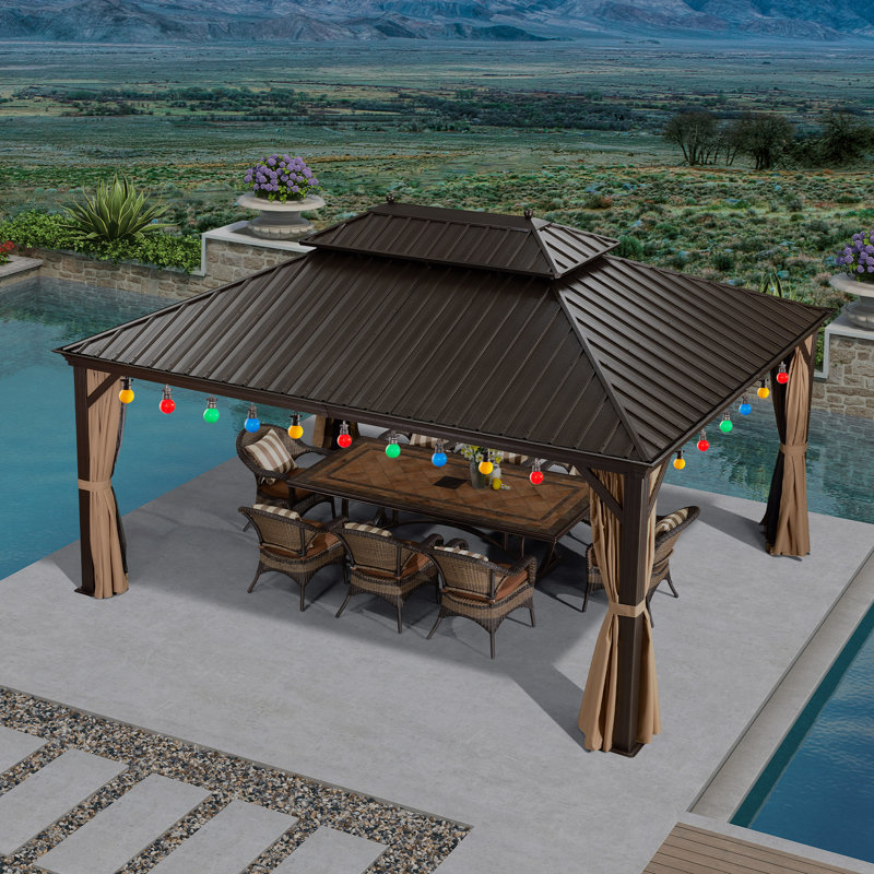 Metal Patio Gazebo with 48 Ft String Lights, 12 ft x 16 ft
