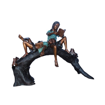 Boy and girl reading on arched tree bronze statue -  Size: 70"L x 29"W x 56"H
