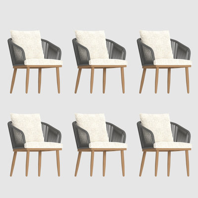 Outdoor Patio Dining Chair Set, Woven Rope Wicker Dining Armchairs With Cushion（Set Of 6)