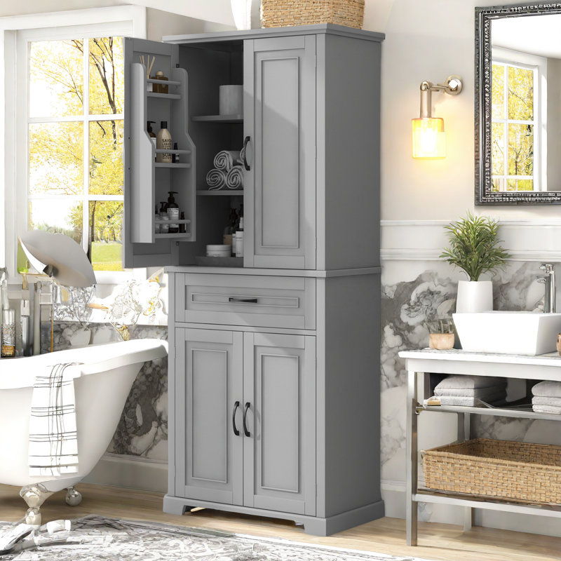Armoire de rangement avec tiroir et tablettes réglables Stepheny, Gris, L 30 po x H 72 po x P 16 po