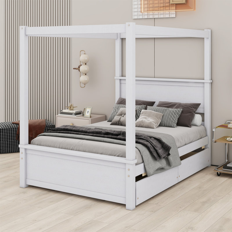 Wood Canopy Bed With Four Drawers And Support Slats
