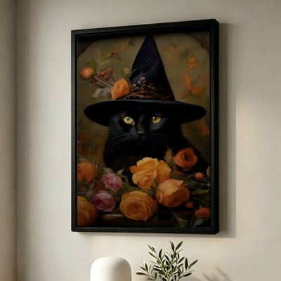 Chat noir d'Halloween coiffé d'un chapeau parmi des roses orange et roses, tableau sur toile encadré, cadre blanc, 50 x 75 cm