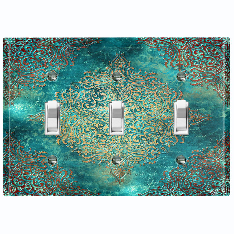 Flower Patina Copper Teal Print 3 - Gang Toggle Light Switch Standard Wall Plate