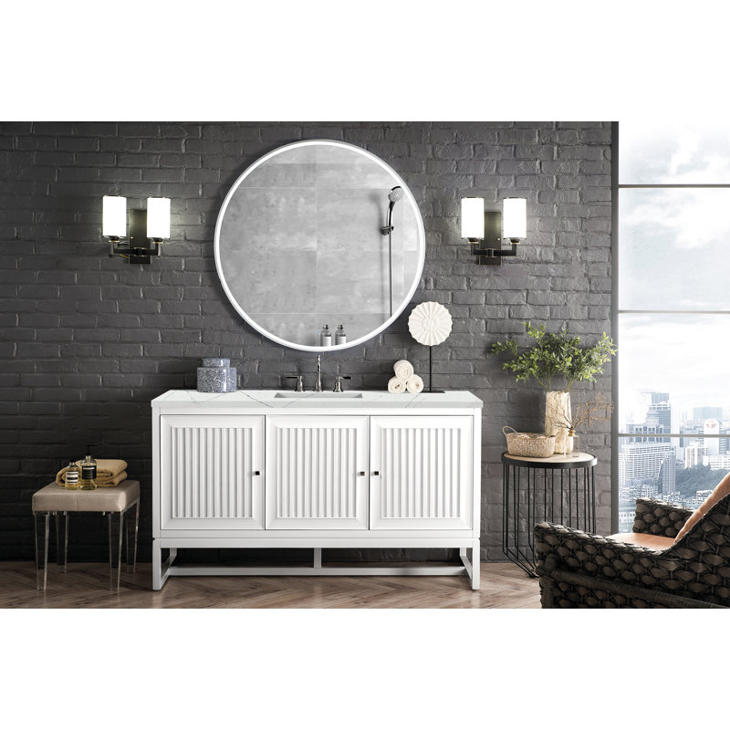 Athens 60'' Single Bathroom Vanity with Top, Glossy White, Ethereal Noctis, 8" Widespread